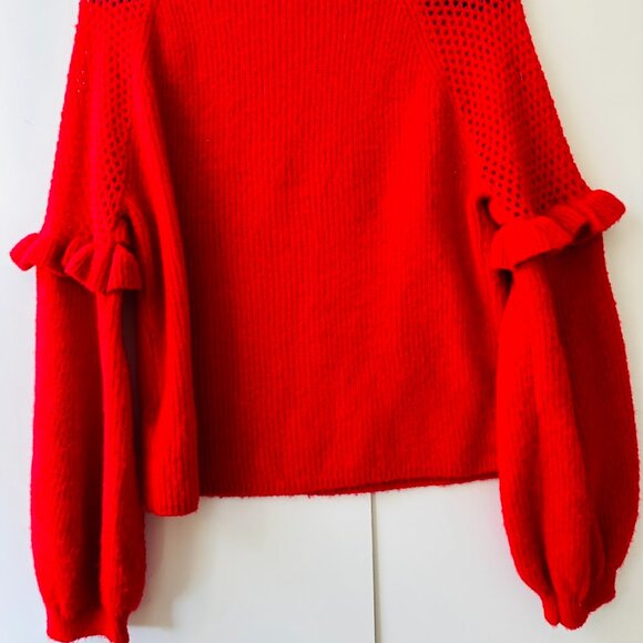 Express Women Red Knit Ruffled Eyelet Detail Ballon Sleeve Pullover Sweater Sz S - Picture 7 of 11